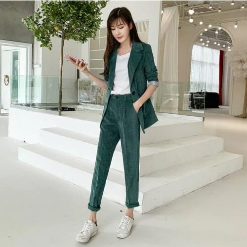 2019 autumn new Office lady pant suits Womens corduroy pant suits Blazers suit jacket two-piece casual British wind suit Sets