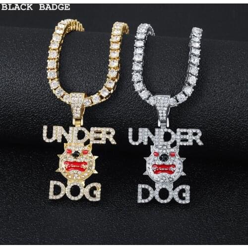 Men Women Hip Hop Under Dog Pendant Necklace With 4mm Tennis Chain Iced Out Bling HipHop Necklaces Male Charm Jewelry 60cm