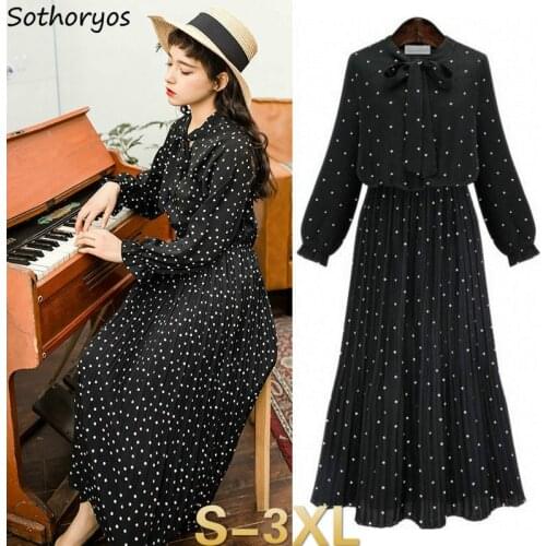 Long Sleeve Dress Women Plus Size 4XL Chiffon Dots Breathable All-match Elegant Ladies Bow Collar Casual Mid-long All-match New
