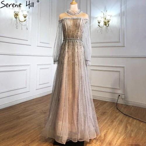 Silver Muslim Luxury Evening Dresses 2021 Beading Sparkle A-Line Sexy Formal Maxi Dress For Women BLA70971 Serene Hill