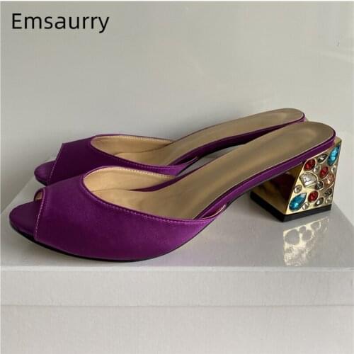 Luxury Satin One-strap Party Shoes Woman Coloured Diamond Square Heel Open Toes Rhinestone Heel Summer Sandals Women