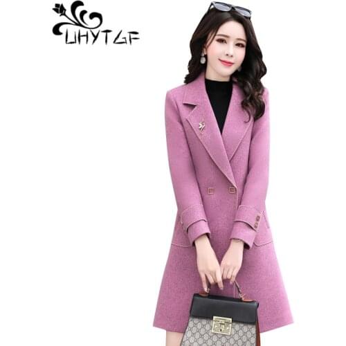 UHYTGF Spring autumn wool coat Women Double-breasted slim long coat Korean loose plus size jacket Women quality woolen coats 317