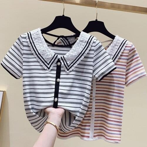 WWENN Summer Tshirt Women Clothes Korean Tops Women T shirt Lace Hollow Out Buttons Turndown Collar Tee Shirt Short Sleeve 2021