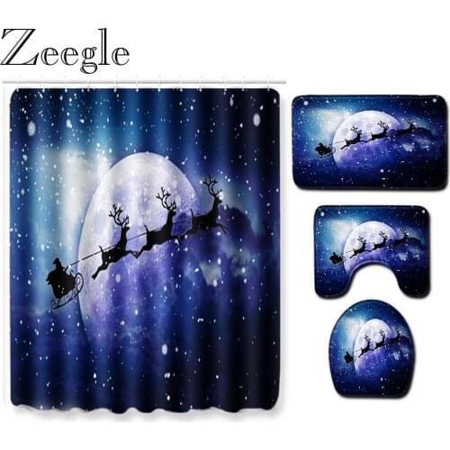 Zeegle Christmas Bath Curtain Bathroom Decoration Shower Curtain Anti-slip Bathroom Toilet Pedestal Rug Soft Bath Foot Mat