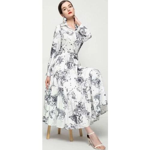 Spring 2021 new womens gray floral print long-sleeved lapel shirt Blouse +Long skirt women clothes female