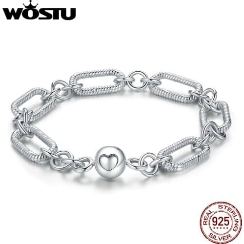 WOSTU Love Paper Clips Bracelet New 925 Sterling Silver 925 Shining Zircon Femme Silver Bangle for Women Fine Jewelry BNB059