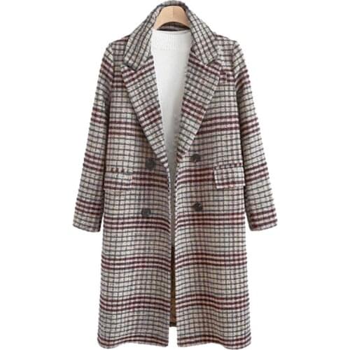 Plus Size Lattice Woolen Coat Long Sleeve Lapel Autumn Womens Mid-length Casaco Feminino Elegante Straight Casual Lapel Clothing