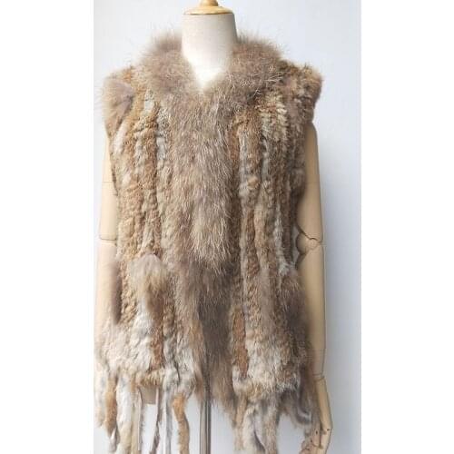 Natural Real Rabbit Fur Knitted Vest With Pocket Genuine Fur Warm Sleeveless Women Fur Gilet With Real Raccoon Fur Trimming