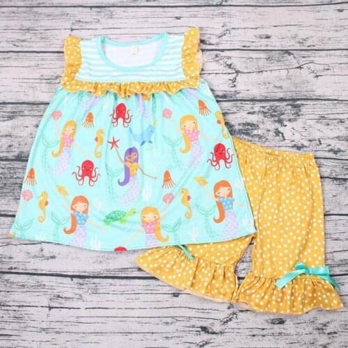 2020 princess girls pattern outfits for baby girls fashion cartoon fish t shirt polka dots shorts 2 pcs clothing sets with bow