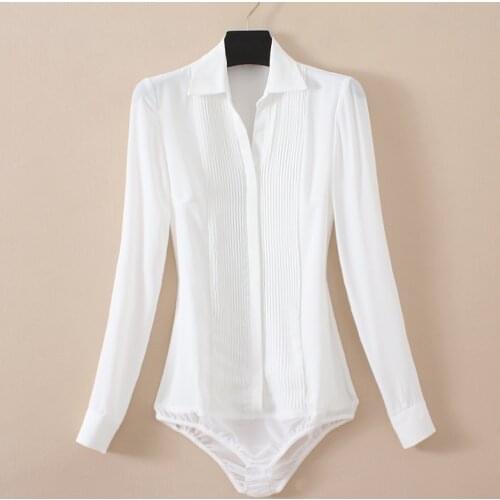 2021 Women Bodysuit Turn down Collar V Neck Pleated Long Sleeve Body Shirt Office Ladies Blouse Solid Color Black Beige