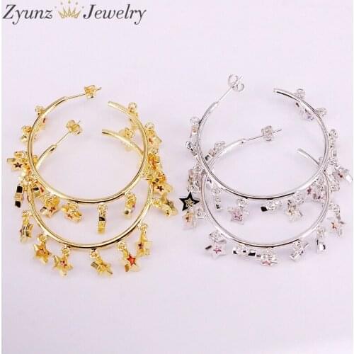 4Pairs, Cz Micro Pave Rainbow Crystal Star Dangling Charms Earring, Gold / Silver Color Fashion Party Jewelry For Women Girls