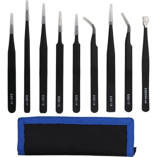 9PCS ESD Stainless Steel Tweezers Kit Precision Anti-static Maintenance Tools for Electronics Jewelry Phone Repairing