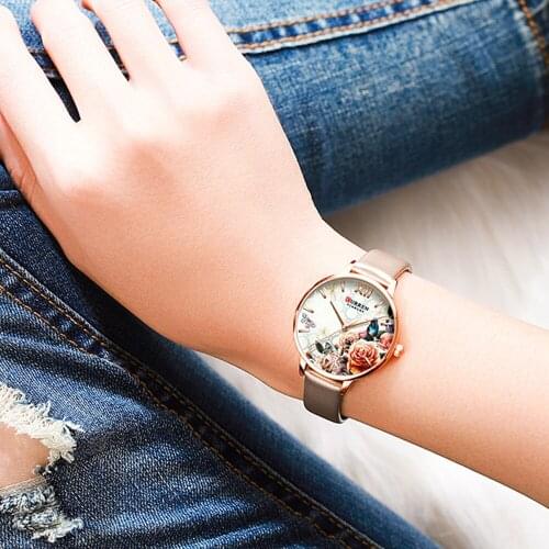 CURREN Beautiful Flower Design Watches Women Fashion Casual Leather Wristwatch Ladies Watch Female Clock Womens Quartz Watch