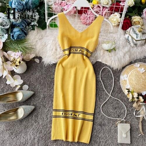 HangCode Brand Fashion Letters Knit Bodycon Dress Women Sleeveless Sexy Hollow Out V Neck Tank Dress Elegant Ladies Office Dress