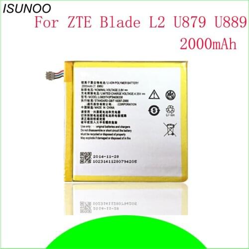 ISUNOO 10pcs/lot mobile battery 2000mah LI3820T43P3H636338 for ZTE U879 u889 blade l2