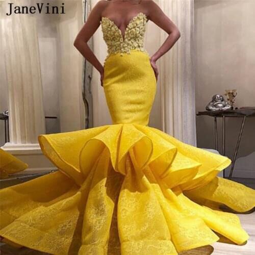 JaneVini Sexy Yellow Mermaid Long Prom Dresses Strapless Handmade Flowers Tiered Ruffles Lace Muslim Turkish Women Formal Gowns