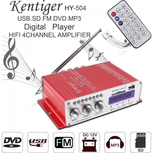 Kentiger HY-504 4CH HI-FI Car Audio High Power Amplifier FM Radio Player Support SD USB DVD MP3 Input for Car Motorcycle Home