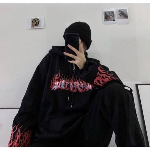 Cool Black Autumn Fire Print Hoodies Men Women Loose Hip Hop Sweatshirts Japan High Street Harajuku Hoodie Fashion Winter Tops