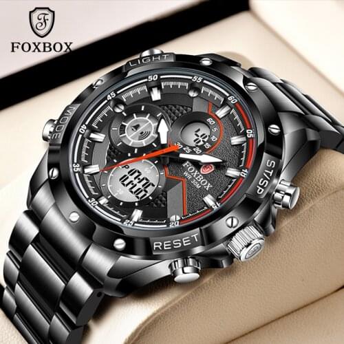 2021 New FOXBOX Men Watches Top Brand Luxury Dual Display Stainless Steel Sport Wrist Watch For Men Waterproof Chronograph+Box