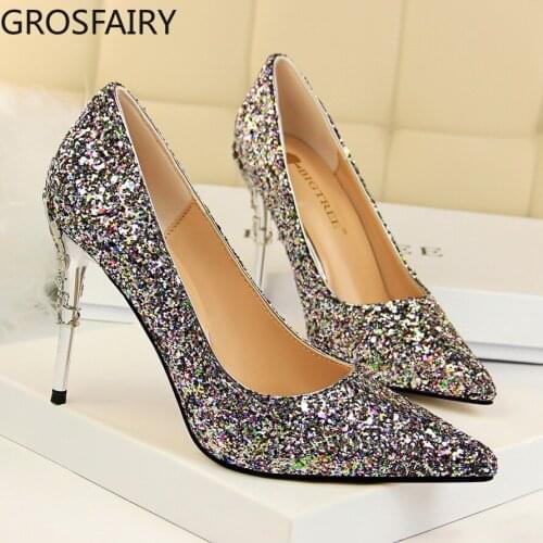 New fashion sexy nightclub womens shoes metal heel stiletto high heel shallow mouth pointed sequin womens single shoes