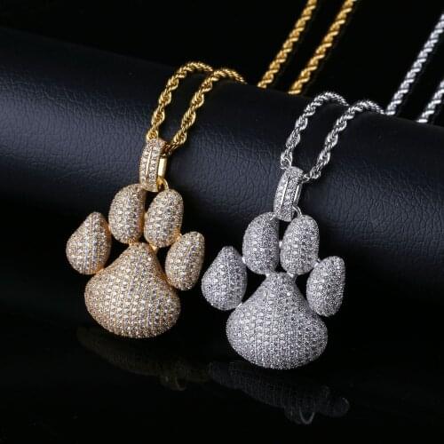 Micro Paved AAA+ Cubic Zirconia Bling Iced Out Puppy Little Dog Paw Pendants Necklace for Men Boys Hip Hop Rapper Jewelry Gold