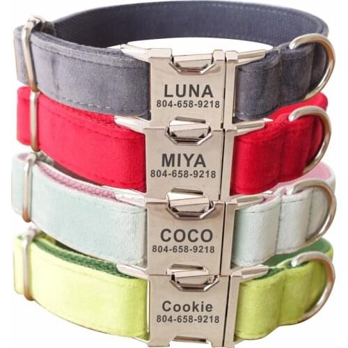 Personalized Dog Collar Custom Pet Collars Engraving ID Nameplate Tag Pet Accessory Thick Velvet Velour Puppy Collar Leash Set
