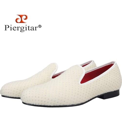 Piergitar 2021 Handmade white color mens loafers with small Rhinestones Party and wedding man velvet shoes plus size flats