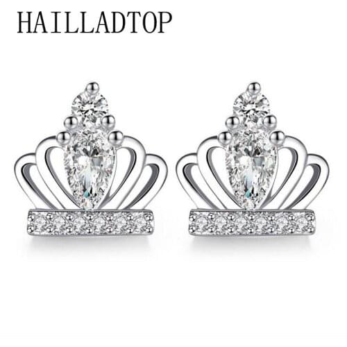 Korean Style Sweet Princess Crown Earrings CZ Zircon Stud Earrings Women Piercing Jewelry Silver Color Christmas Earrings bijoux