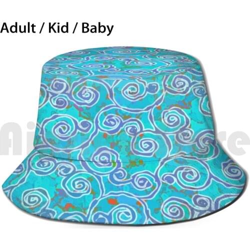Blue Aquatic Batik Sun Hat Foldable UV Protection Ocean Sea Nature Asian Bohemian Texture Teal Aqua Blue Spirals
