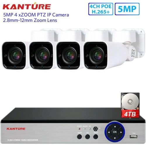 KANTURE H.265+ PTZ 4CH 5MP POE NVR System 4PCS 5MP 4X Optical Zoom security Outdoor waterproof POE IP cameras kit 2.8-12mm lens