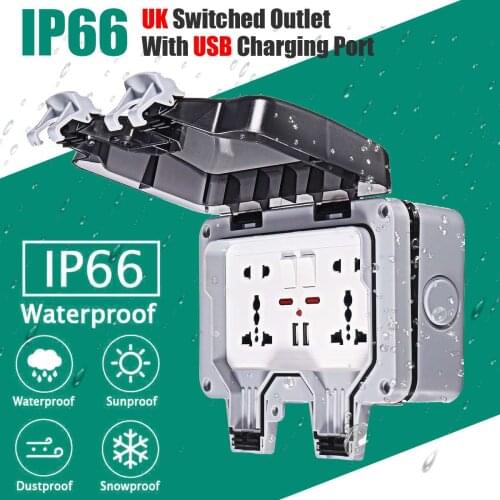 IP66 Weatherproof Waterproof Outdoor BOX Wall Socket 13A Double Universal / UK Switched Outlet With USB Charging Port