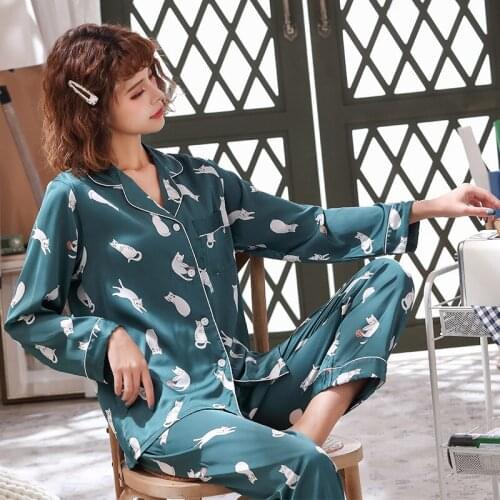 Pajamas for Women 2 Pieces Satin Ice Silk Pajamas Set Sexy Spring and Summer Nightwear Long Sleeves Home Service Sleepwear 2021