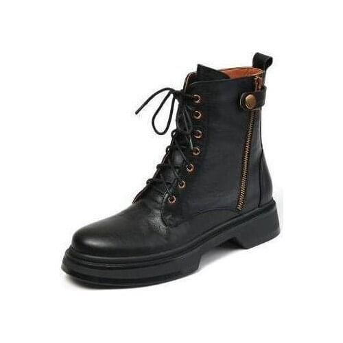 Women Ankle Boots Flats With Zipper Black Leather Womens Shoes Lace Up Womens Boots Button Casual Shoes Low Heels