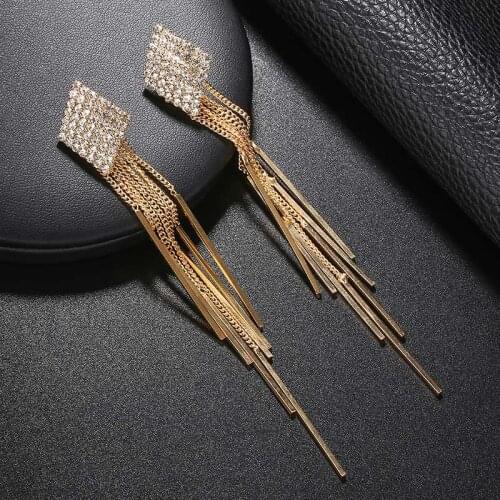 Rhinestone Long Tassel Earring Exaggerated Hip-hop European Indian Earrings Statement Jewelry For Party Silver Gold Brincos