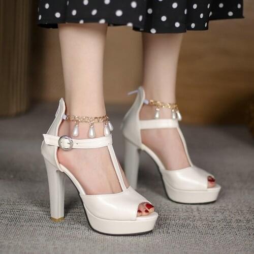 New Women Thick Soled High Heeled Cool Roman Style Shoes Open Toe Chain One Word High Heeled Shoes Fashion Buckle Summer Shoes
