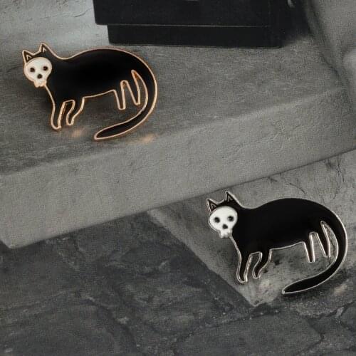 2019 Black cat with Skull face Enamel Pins Badge Dark gold silver brooch Animal Lapel pin Gothic Jewelry Gift Brooch for Women