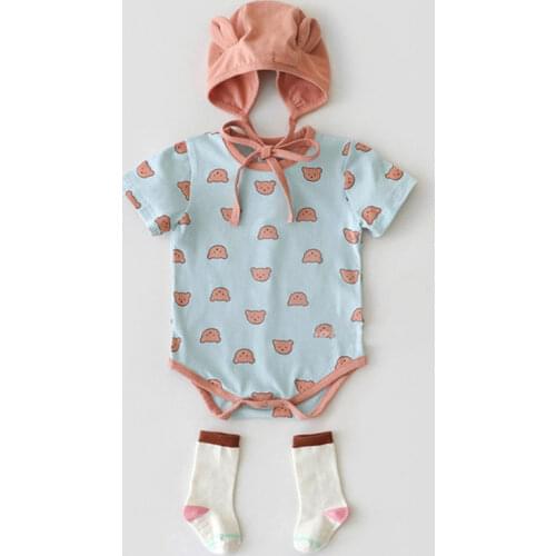 Summer Infant Boys Girls Baby Clothes Bear Cartoon Print Short-sleeved Hat Romper for Cute Baby Summer Cotton Clothing 2021 New