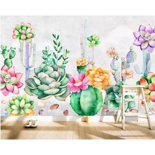Beibehang Custom wallpaper hand-painted fresh garden succulent plant Prickly pear flowers background wall painting wallpaper