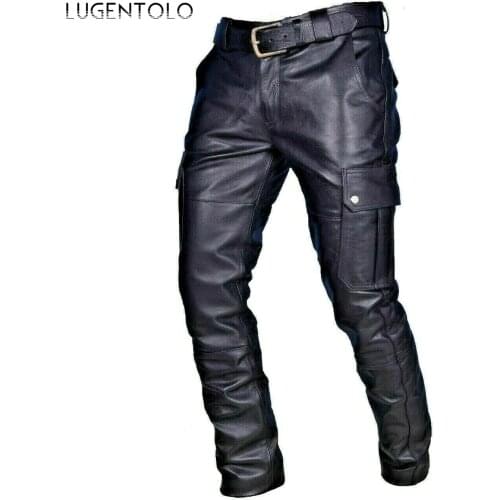 Large Size Faux Leather Pants Men Casual Balck Pocket Mid Waist PU Trend Fashion Mens Straight Long Pants Lugentolo