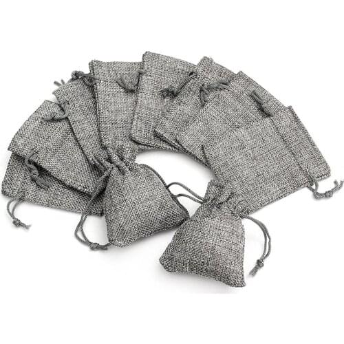 Pack of 50 Flax Burlap Jute Drawstring Pouch 10x14cm Grey Hessian Jute Gift Bags for Wedding Party Favor Jewelry Packaging Bags