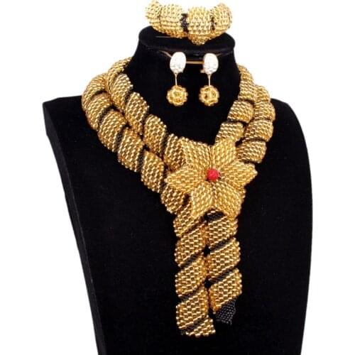 Dudo Store African Jewellery Gold and Black Nigerian Necklace Set For Women 2 Layers Crystal Beaded Flower Party Jewelry Set