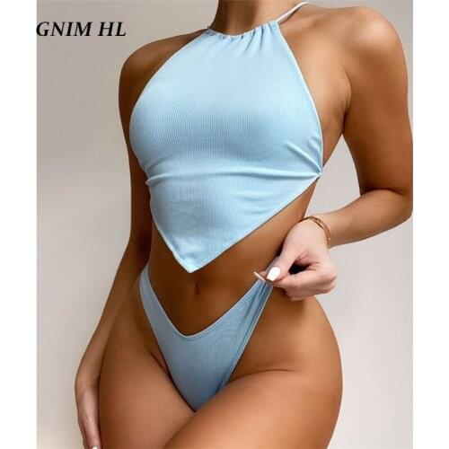 GNIM Bandage Bikini Swimwear Women 2021 Sexy Solid Halter High Cut Bellyband Swimsuit 2 Pieces Summer Beachwear Swim Bather Suit