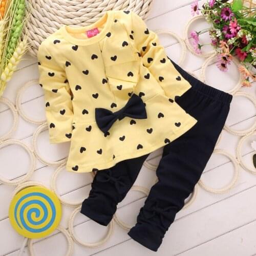 Heart-shaped Print Bow Cute 2PCS Cloth Set Children Cloth Suit Baby Girl Clothing Set Top T shirt + Pants High quality
