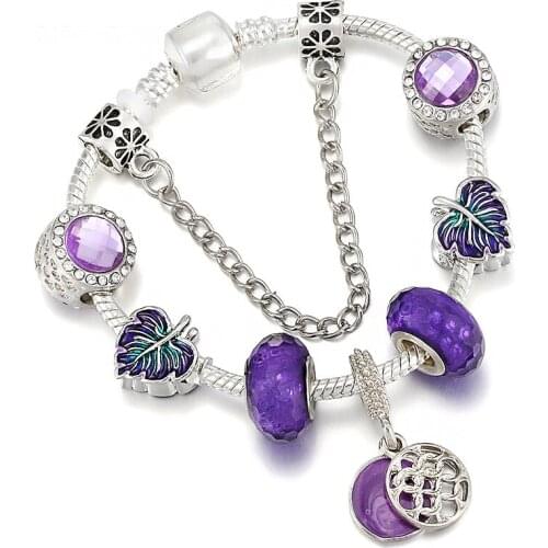 Fashionable new Korean style temperament purple faceted crystal stone insect leaf beaded Pandora style DIy charm ladies bracelet