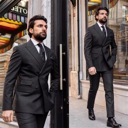 Newest Black 2 Piece Jacket With Pants Formal Men Suits For Wedding Custom Made Pinstripe Double Breasted Business Blazer XZ80