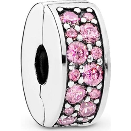 S925 Bead Shining Elegance Clips Stoppers Charms for Women Bracelet Bangle Pink CZ