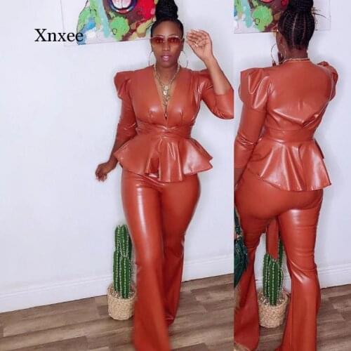 Spring and Autumn Artificial Leather Pu Sportswear Two-Piece Womens Suit Jacket + Flared Pants Suit Street Sportswear