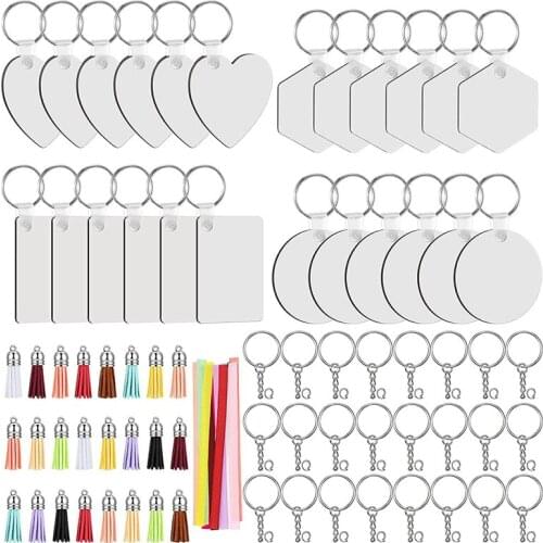Sublimation Blanks Keychains 4 Style Heat Transfer Keychain MDF Blank Keychain With 24 Ribbon,24 Key Ring For DIY Craft-ABUX