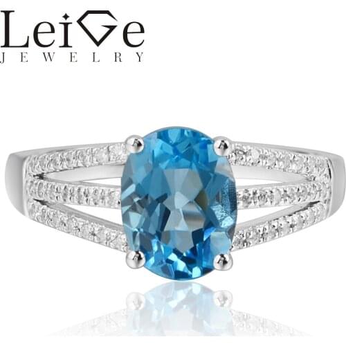Leige Jewelry Natural Swiss Blue Topaz Oval Cut Wedding Rings For Woman November Birthstone 925 Sterling Silver