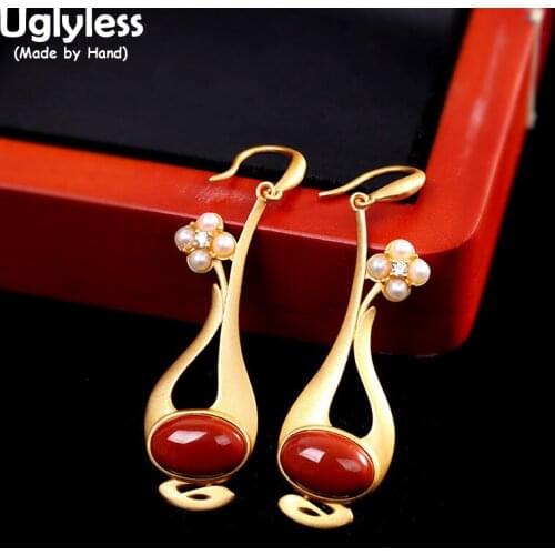 Uglyless Creative Design Vase Dangle Earrings for Women Nature Pearls Flower Bottle Jewelry Oval Agate Brincos 925 Silver Bijoux